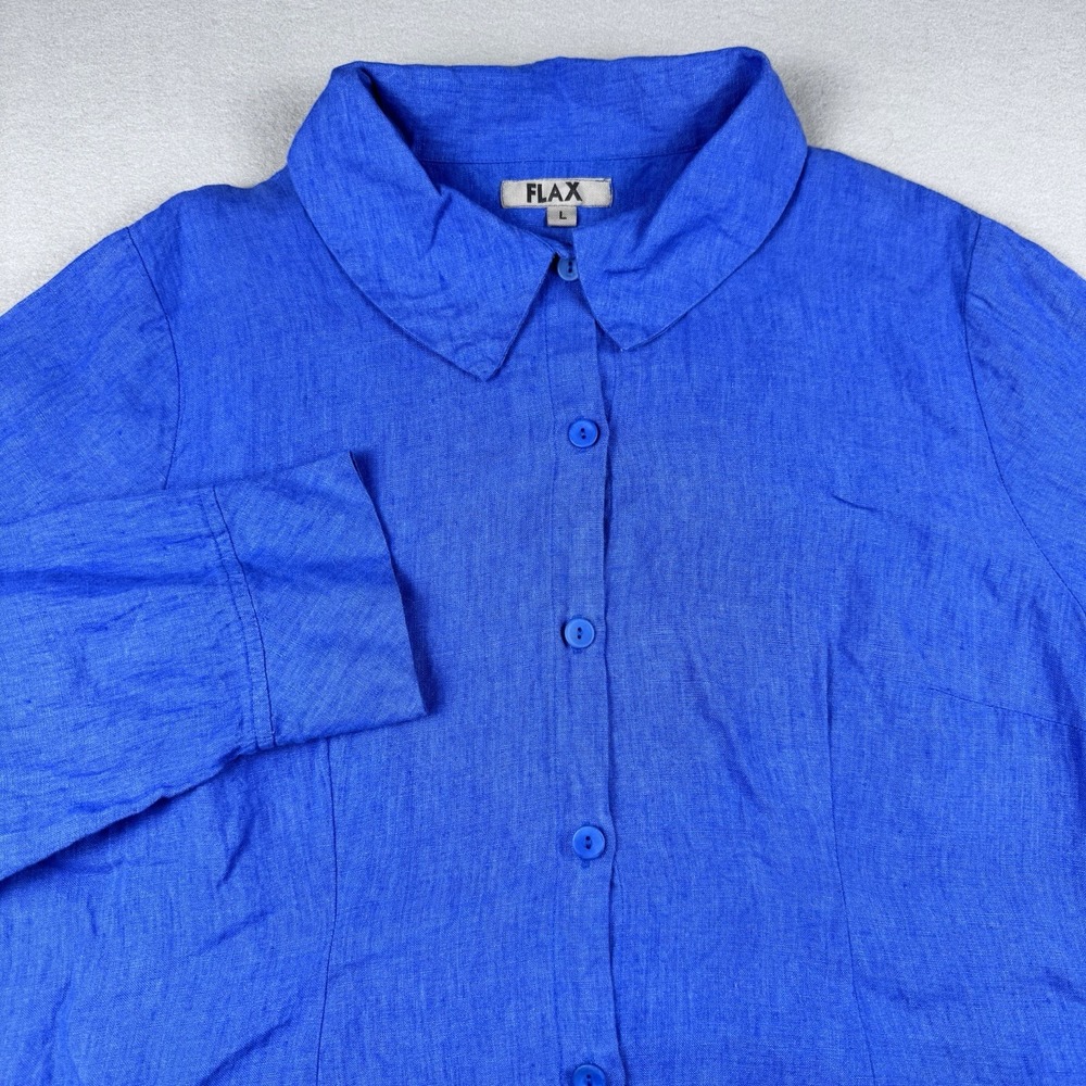 FLAX 100% Linen Button Shirt Size L Blue Long Sleeve Lagenlook Tunic Boho
